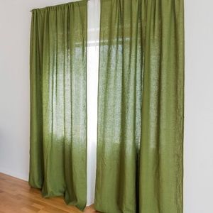 Pair of moss green linen curtains